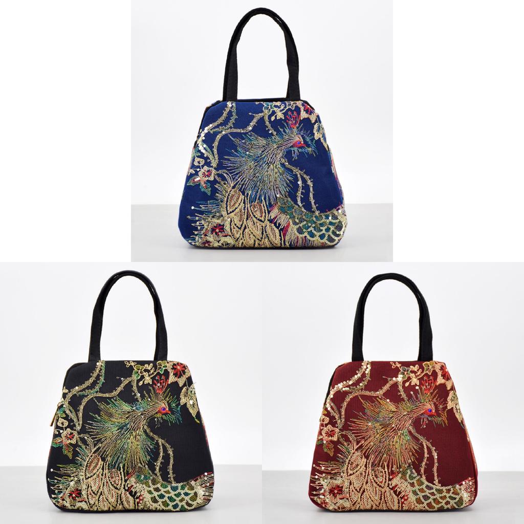 Ethnische Bestickte Canvas-Tasche Mit Pfauenmuster Für Den Täglichen Gebrauch