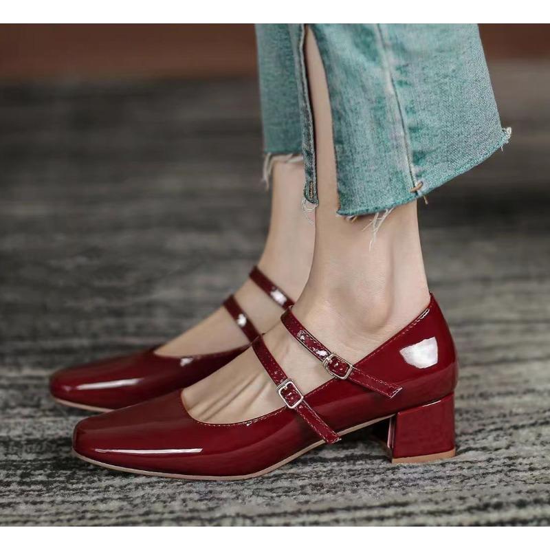 Fashion Spring Autumn Women Double Buckle Mary Janes Shoes Patent Leather Dress Square Head Square Heel Solid Color Women's Pumps