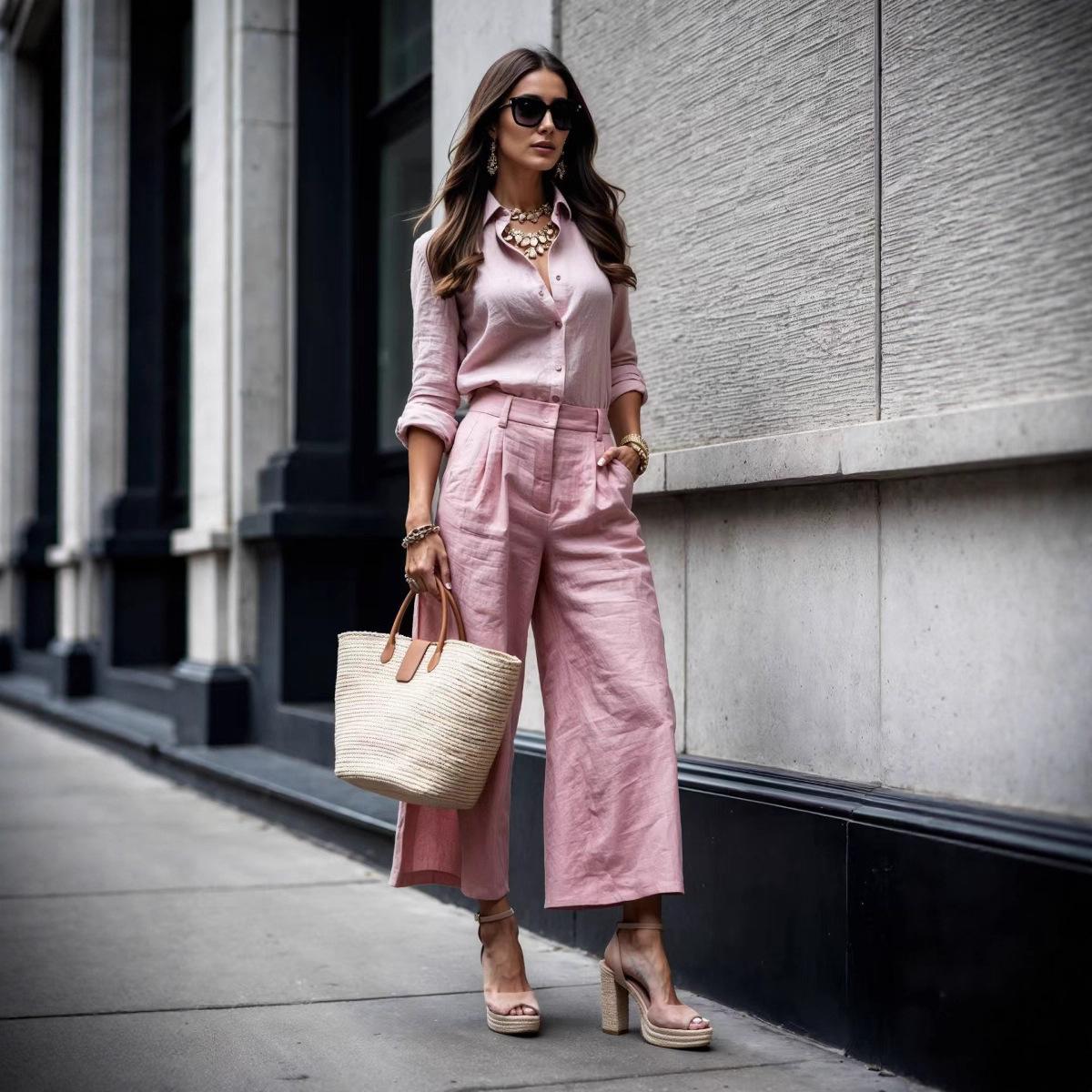 

Light Pink Shirt with Wide Leg Pants Set, Elegant Casual Outfit XS рожевий
