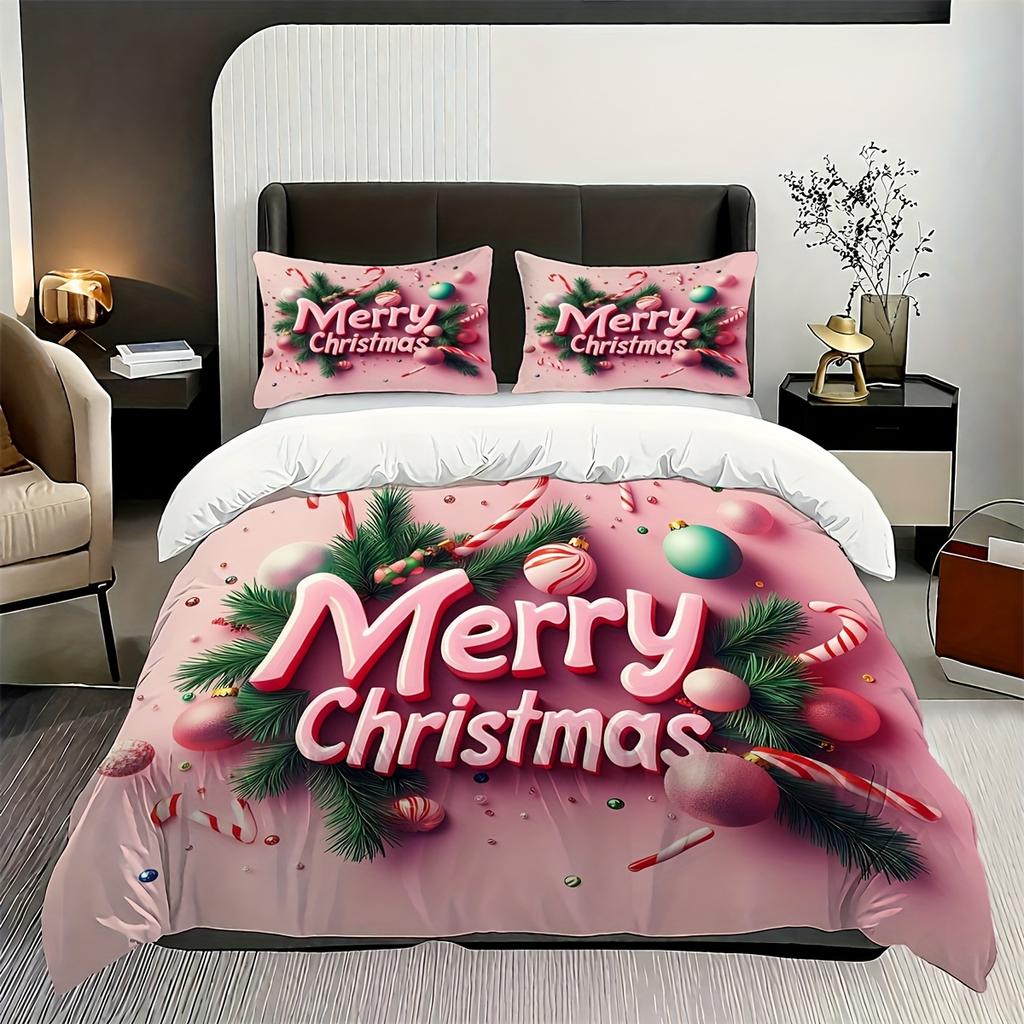 3pcs 3D Merry Christmas Theme Bedding Set, Pink Merry Christmas Alphabet Print Duvet Cover Set (1*Duvet Cover + 2*Pillowcases)