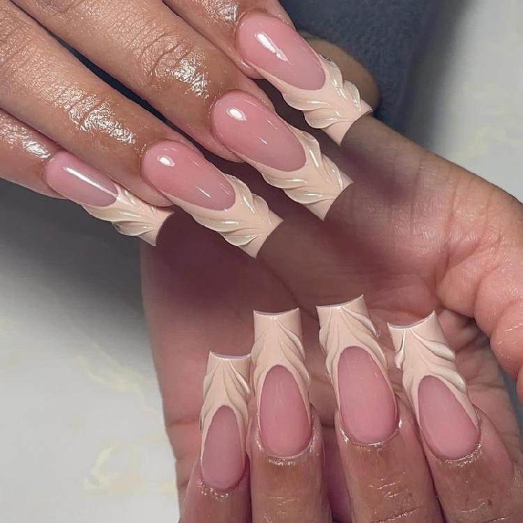 

24Pcs French Long Square False Nail with Glossy 3D Stripes Designs for Women and Girls Seeking Salon Styles Nail 1