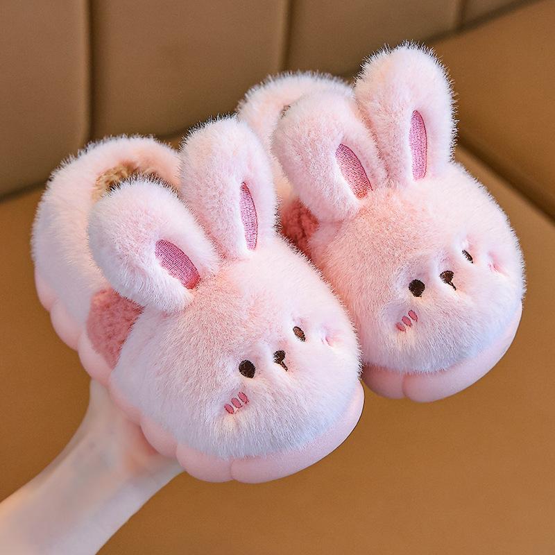 Children s winter cotton slippers with heel, non-slip thick sole, warm indoor home slippers, non-slip, plush and thickened rabbit cotton slippers 22-23Inner Length14cm розовый