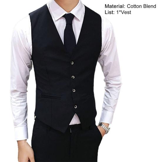 Men Vest Solid Color Single-breasted V Neck Formal Autumn Waistcoat for Wedding