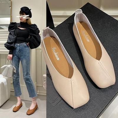 Fashion 2025  Spring Autumn New Women's Korean Style Ins Square Mouth Shallow Person One Foot Jump Flat Bottom Bean Bean Shoes