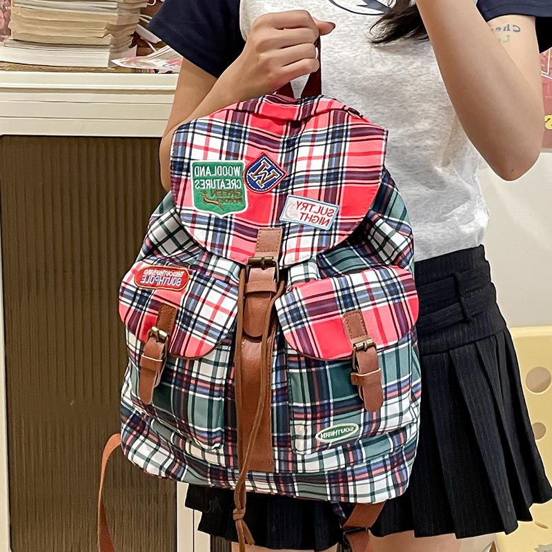 2025 School Season New Student Schoolbag Korean Version Fashionable Contrasting Color Plaid Large-capacity High School Casual Backpack