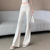 Calças Femininas Pretas de Cintura em V Micro-Flare Slim-Fit Boca de Sino - Casuais de Primavera Comprimento Total