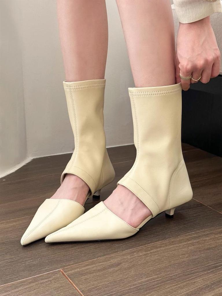 2025 spring new pointed hollow low heel versatile non-slip boots women's summer new elastic thin women's short boots