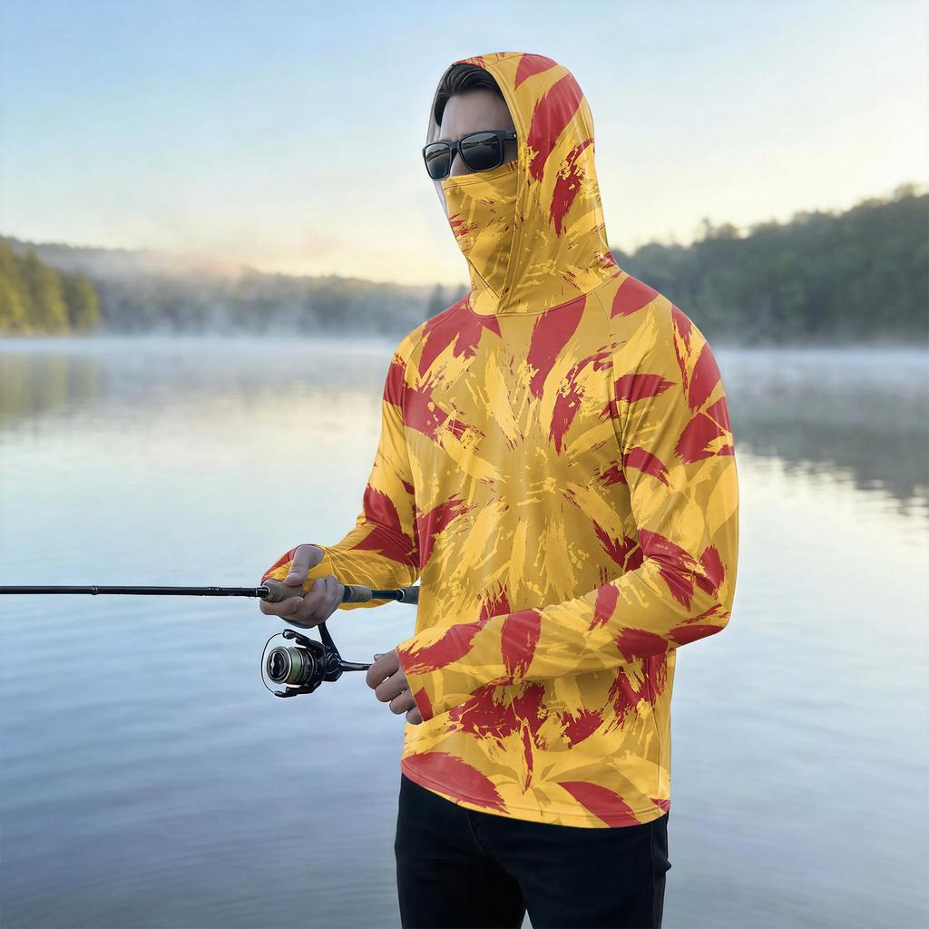 Men's Casual Outdoor Hooded Long Sleeve Sun Protection Shirt Lightweight Breathable Striped Printed Pullover Top for Sports Hiking Fishing
