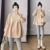 Maternity Korean Style Two-Piece: Color-Reducing, Age-Reducing Baby Doll Shirt & Long-Sleeved Sweatshirt - Plus Size, Slimming, Cover Belly.