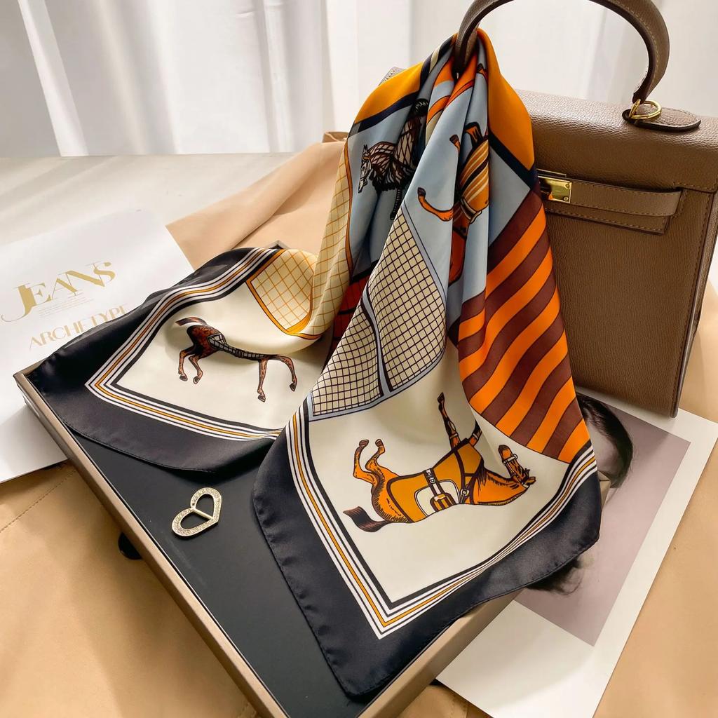 Silk Square Scarf Women 100% Real Luxury Brand Horse Print Neckerchief Female Hair Hand Bag Wrist Foualrd Scarves Bandana