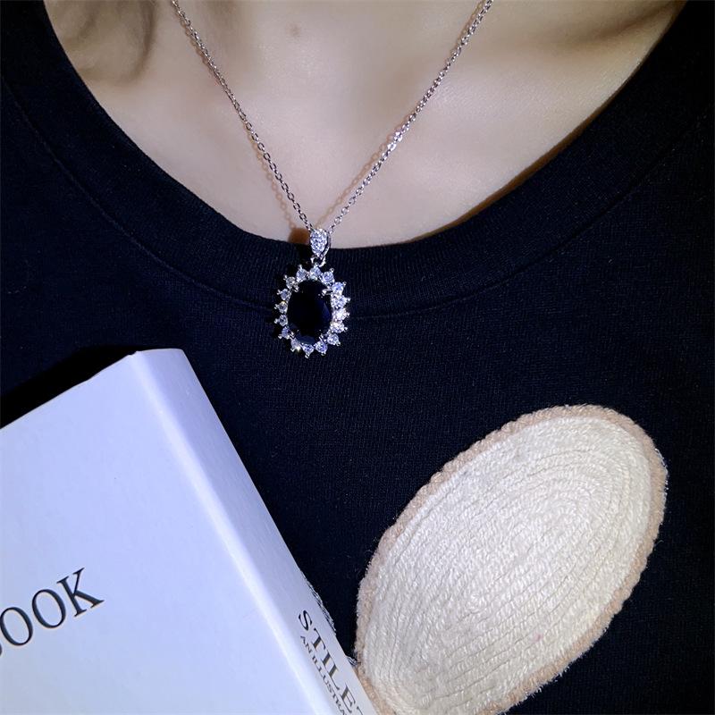 Xiao Dai Fei Royal Blue Sapphire Women s Necklace - Luxury Gemstone Collarbone Chain with Elegant Oval Pendant