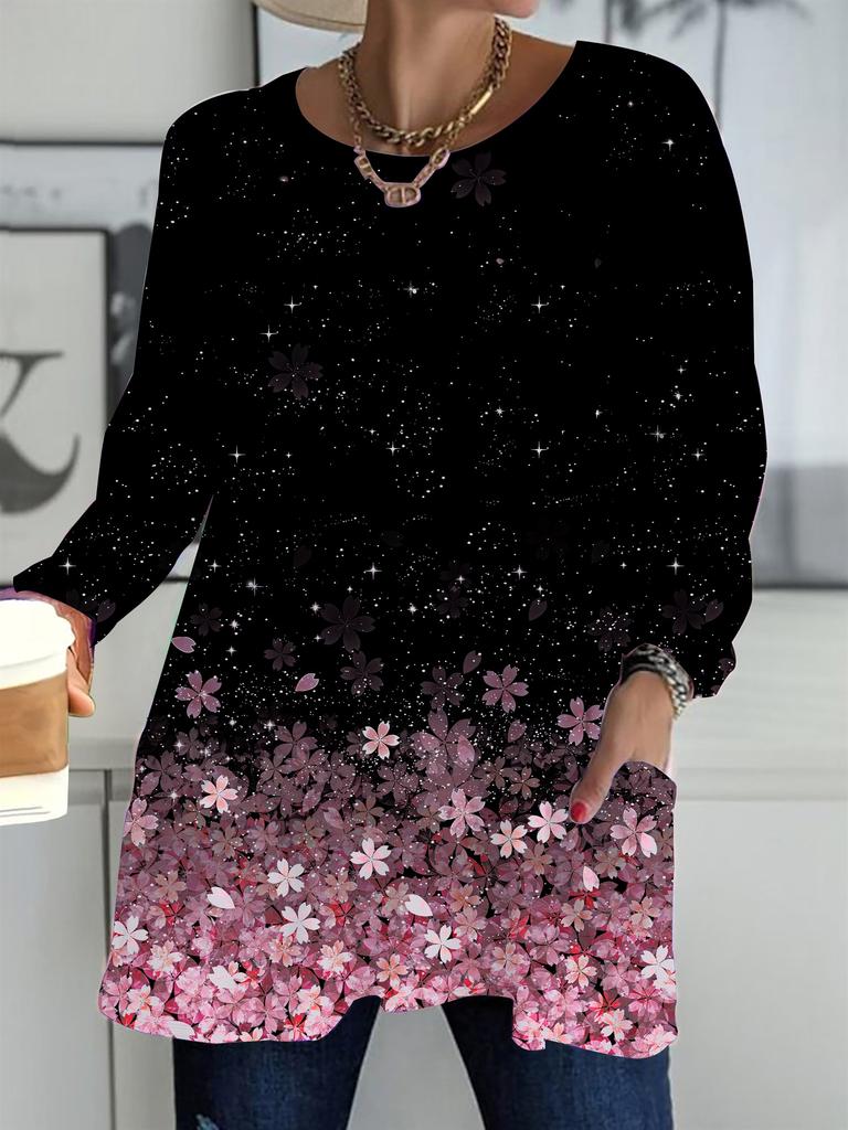 2025 Autunno Inverno Nuovi Top da Donna Taglie Forti, T-shirt alla Moda Girocollo Maniche Lunghe con Stampa Floreale 3D