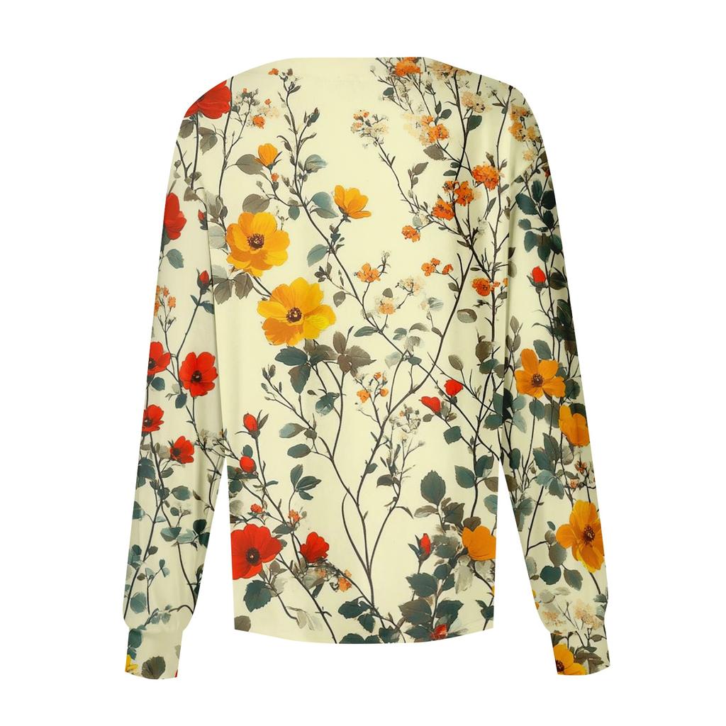 Women Long Sleeve Casual Cardigan Floral Print Button Front Lightweight Open Front Workwear Top