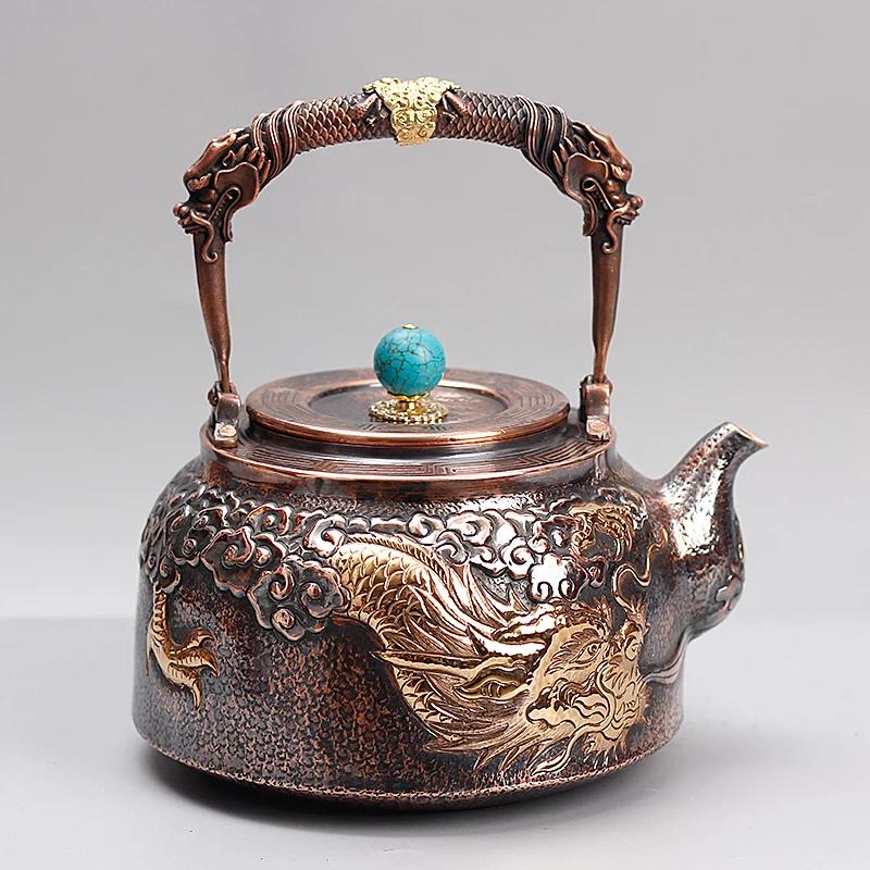 Ceainic Handmade Opt Comori Cupru Pur Seiko Sculptură Aurit Apă Clocotită Îngroșat Gospodărie Chinezesc Retro Ornament de Birou