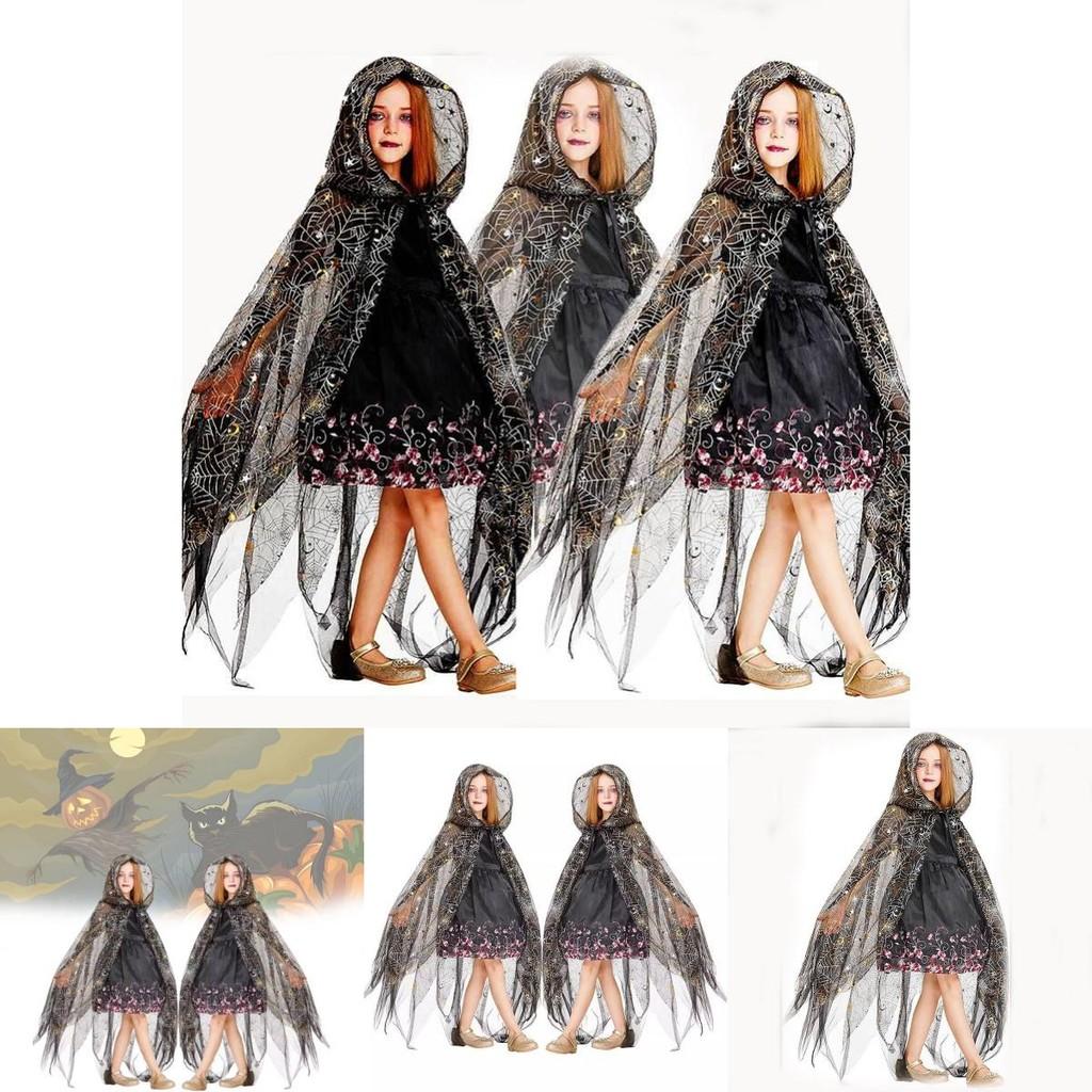 Enchanting Black Halloween Cloak With Spider Pattern Tail For Kids Dress Up Costume