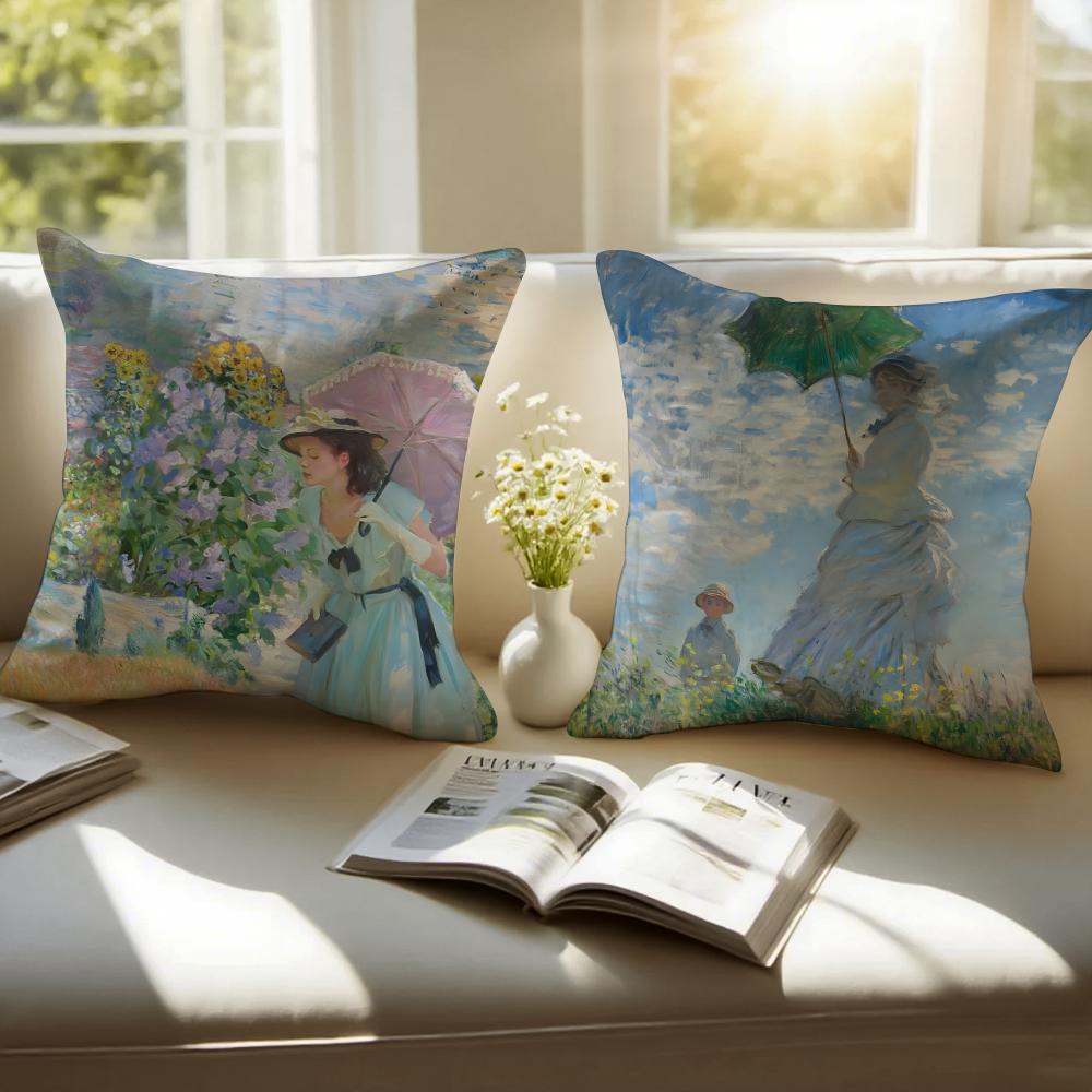 Famous Classic Oil painting Art CClaude Monet Cushion Cover Pillowcase Antidustmite Invisible Zipper Short Plush Sofa Cushion