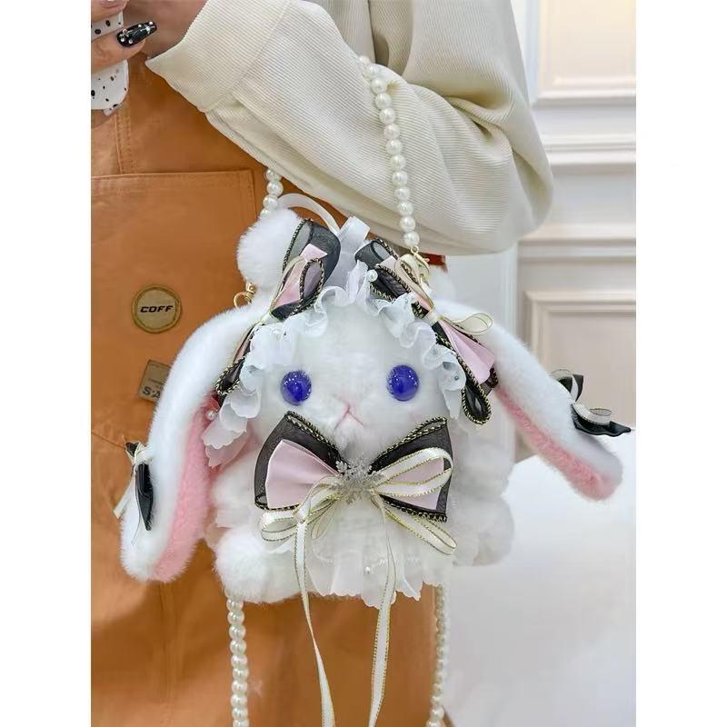 Cartoon Rabbit Plush Crossbody Bag with Pearl Chain
