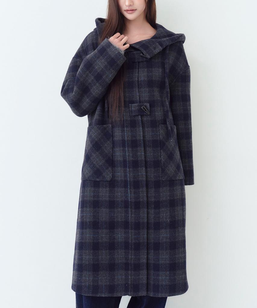 THE GREEN LAB Check Hooded Duffle Long Coat [Navy Check]