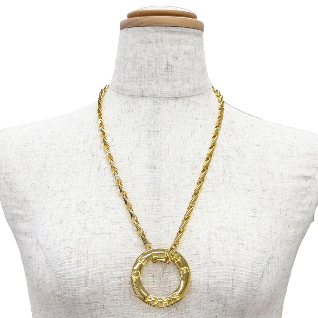 Excellent CELINE Circle Logo Design Chain Necklace Pendant Accessory gold Used