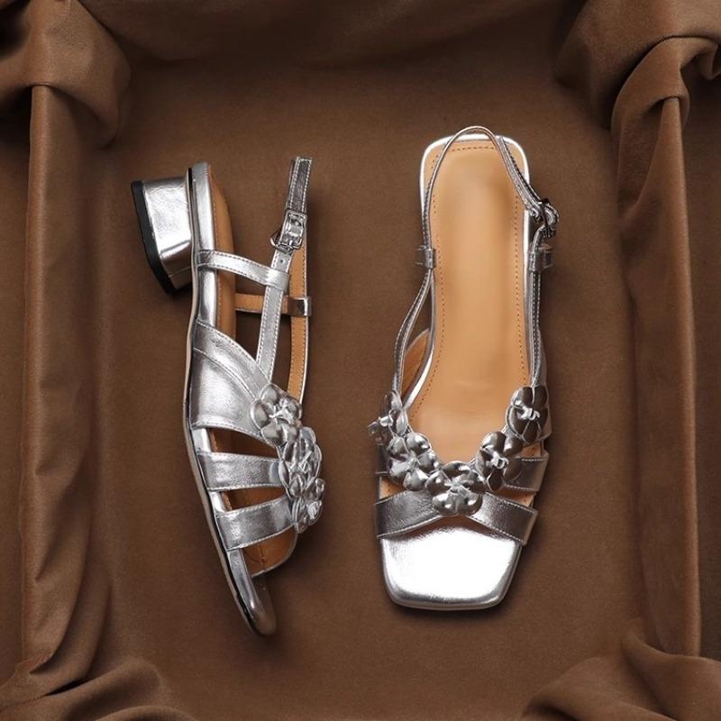 Fashion Open Toe Block Heel Roman Sandals Women's Summer New Fashion Square Toe Shallow Mouth One Strap Flower Sandals