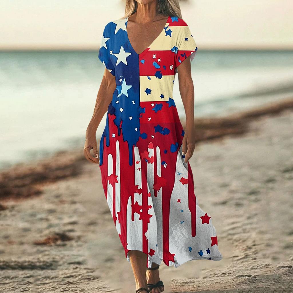 Sommerkleid Damen Lang Strandkleid Elegantes Kleid V-Ausschnitt Kurzarm Sommerkleid Leicht Luftig