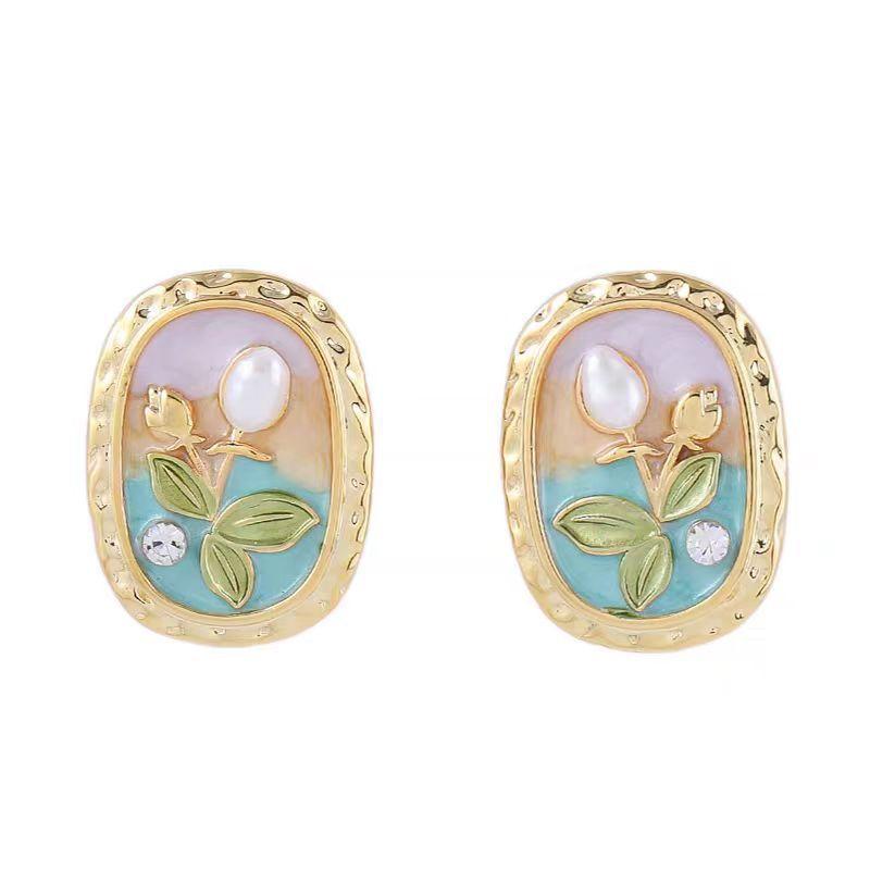 Ins Style High Sense Monet Garden Baroque Pearl Design Stud Earrings Temperament Earrings New Versatile Earrings