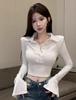 Women's Long Sleeve Polo Collar Cropped Blouse Flare Cuff Button Solid Slim Fit Pure Desire Casual Top
