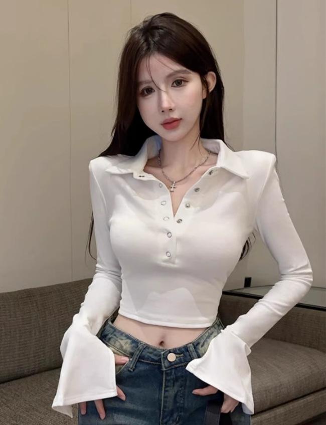 Women's Long Sleeve Polo Collar Cropped Blouse Flare Cuff Button Solid Slim Fit Pure Desire Casual Top