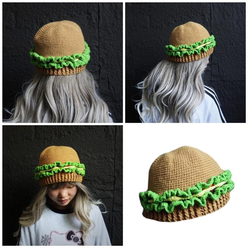 Funny Hamburger Beanies Hat for Adult Unisex Skull Hat Crochet Burger Shape Hat Headwear Halloween Costume Accessories