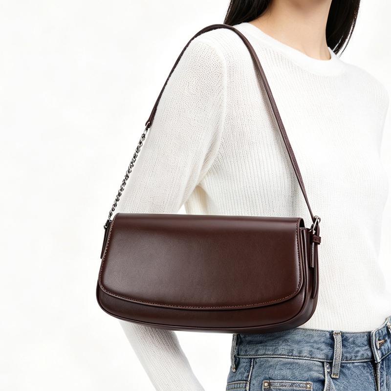 Women's Genuine Leather Minimalist Ladies Fashi retro design Flap Shoulder Bag With Chain Strap Crossbody Bag For Work Travel