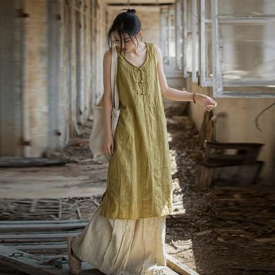 Women Chinese Style O-Neck Sleeveless Dress Solid Color Robes Summer Button A-Line Vintage Dress