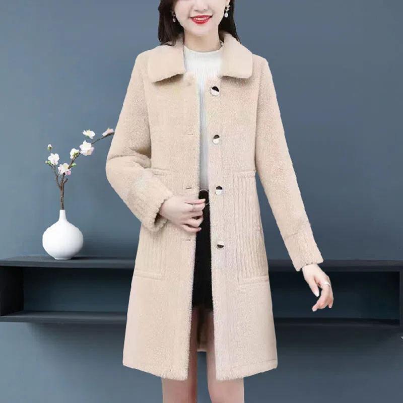 Veste Longue Épaissie d'Hiver en Fourrure d'Agneau Laine Manteau Mères Femmes d'Âge Moyen Tendance Polyester