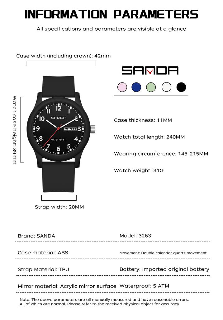 SANDA 3263 Minimalist Women's Quartz Watch Clock Minimalist Style Waterproof Calendar Women's Quartz Watch