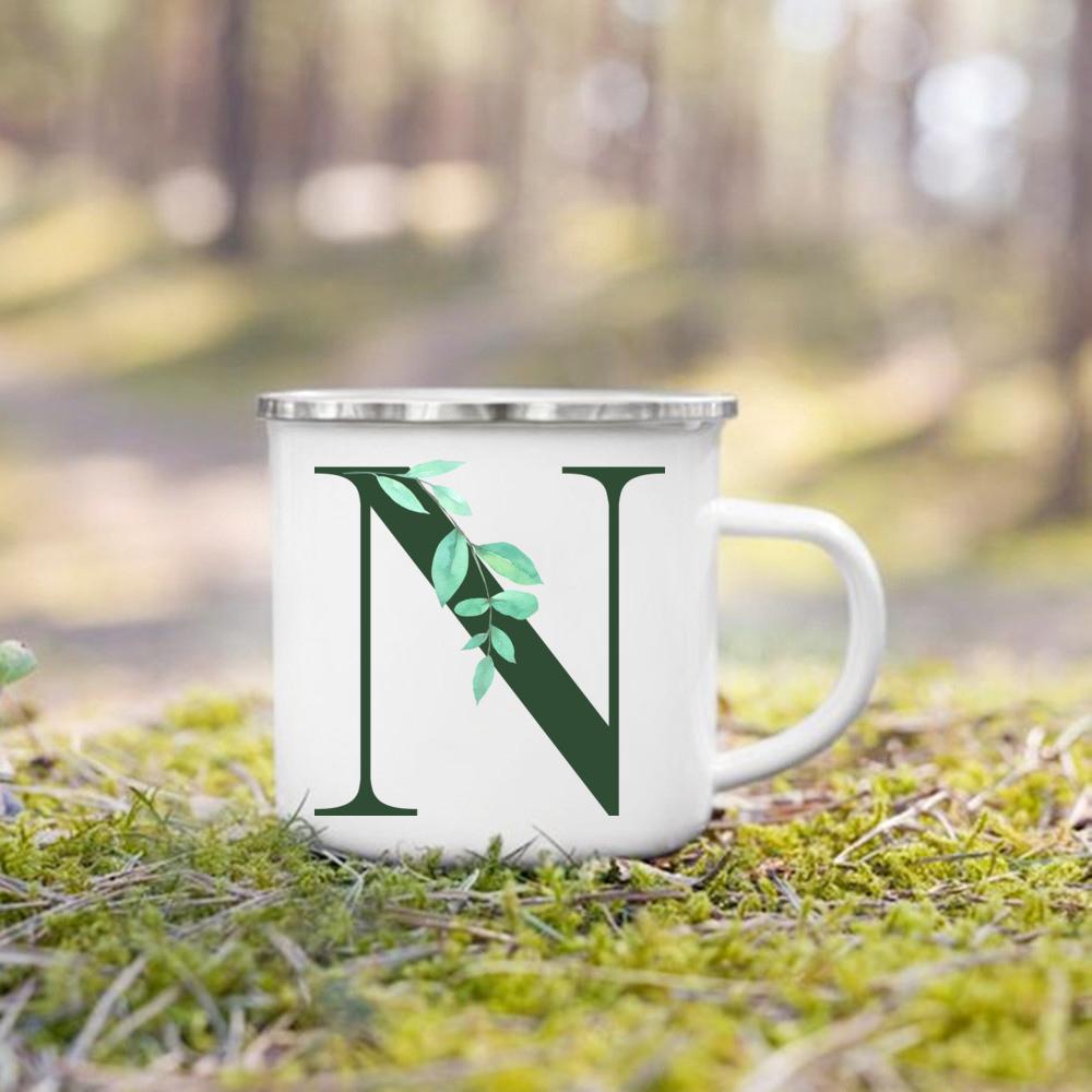 Emaille-Tasse mit Henkel, Aquarell, grünes Blatt mit Alphabet, Tasse, personalisierte Geschenke, Kaffee-Reisebecher, Bierbecher für Kaffee- und Teetassen