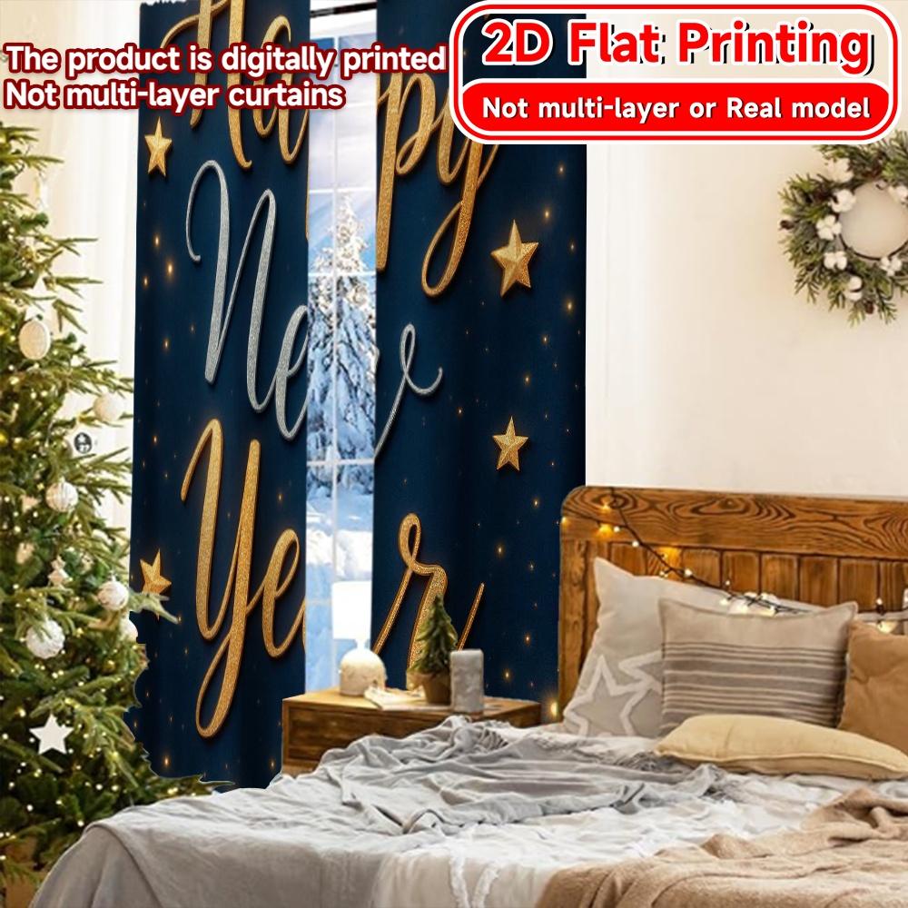 2D Flat Printing  2pcs New Year Stars Chic Curtain Cloth Machine Washable Fabric Curtains Festive for Grey   Semi-Transparent