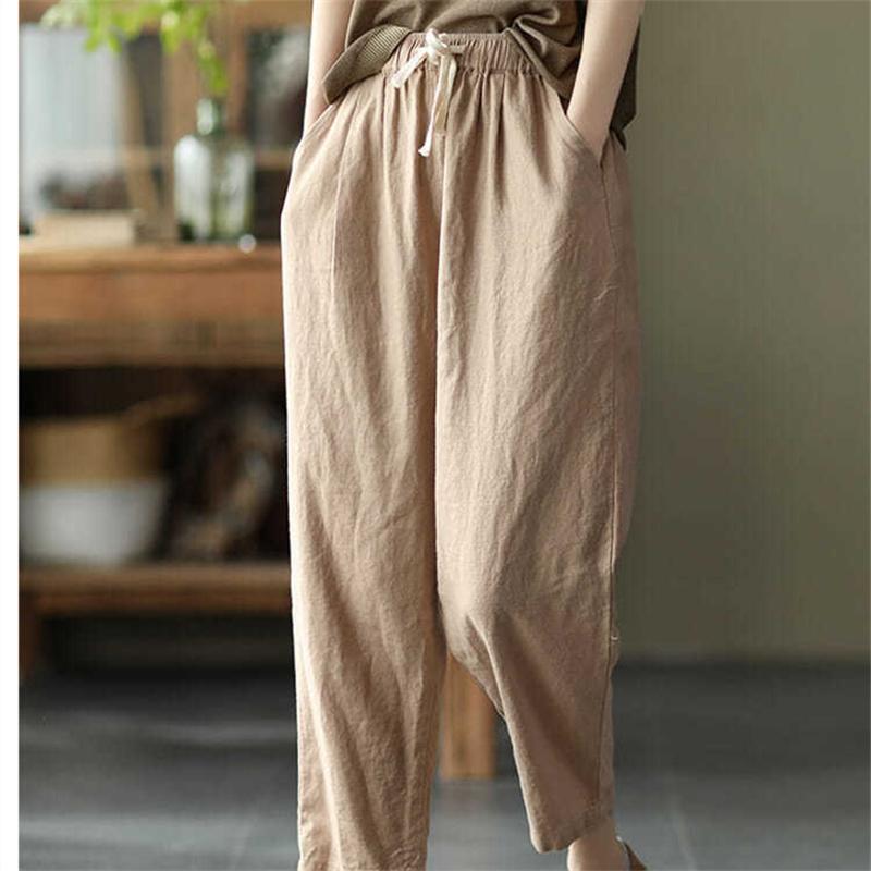Harajuku Summer High Waist Elastic Women's Cotton Linen Wide Leg Capris Pants for Women Baggy Harem Pants Woman Trousers