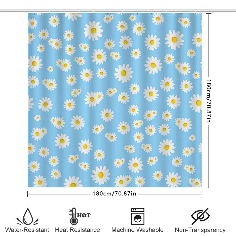Blue Bath Mat With Yellow Daisies Pattern: Floral Decor Shower Curtain For Bathroom Accessories Decoration Waterproof Fabric Sho