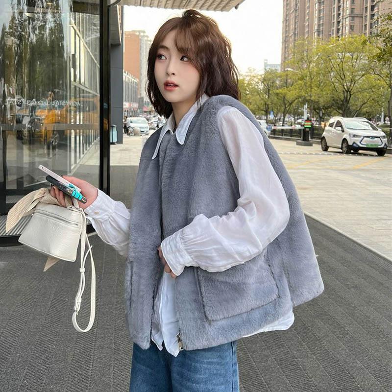 Fur Vest Female Winter Zipper Leisure Cotton Sleeveless Solid Color Top Coat Vest