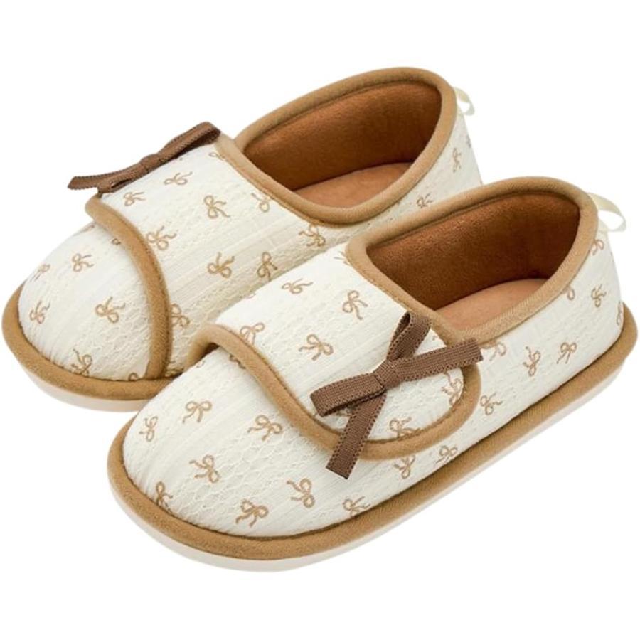 Room Shoes with Heels, Indoor Shoes, Velcro Tape, Anti-Slip, Floral Pattern, Ribbon, Living On (Ribbon Brown, S)