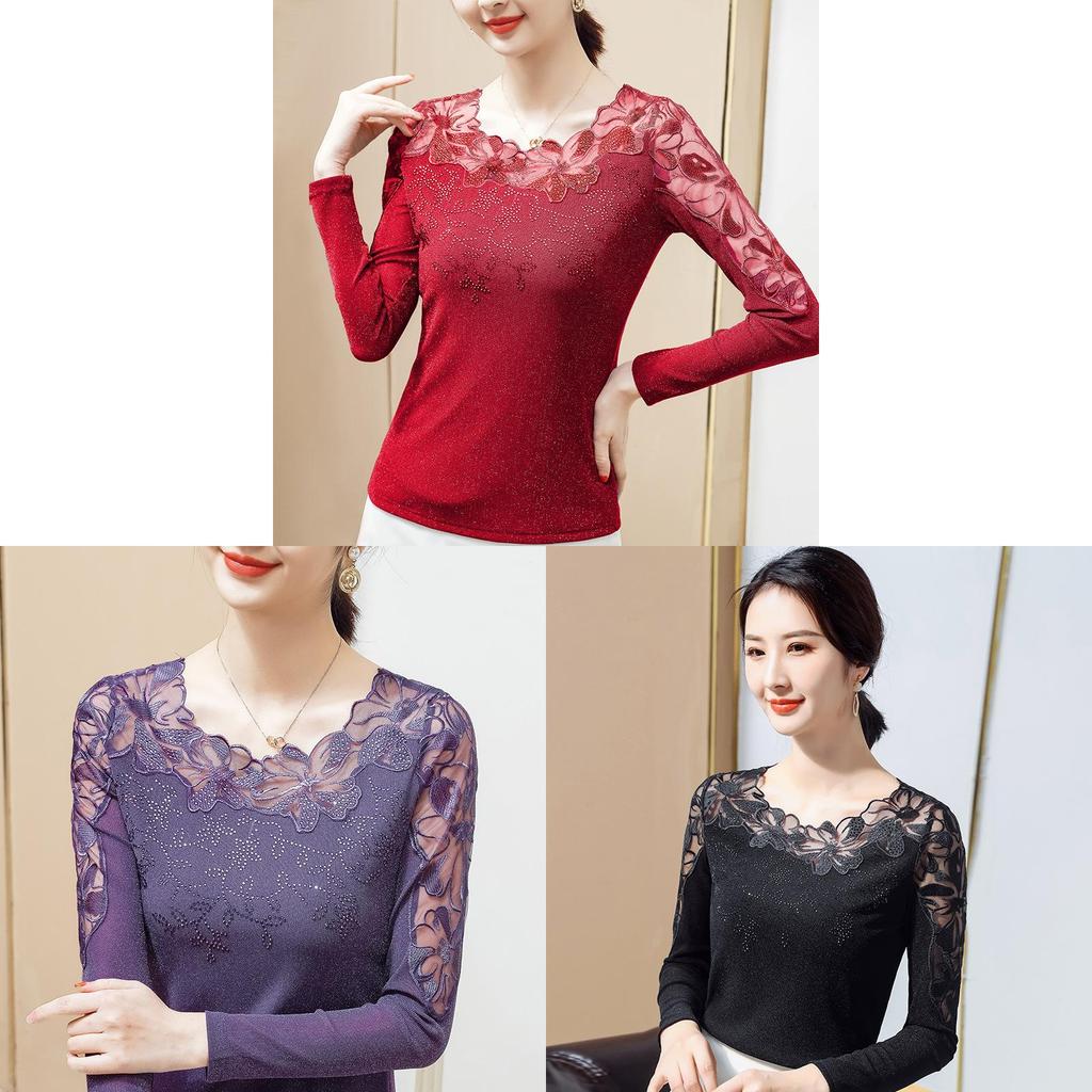 Lace Long Sleeve T Shirt With Mesh Fabric For Womens Elegant Office Wear