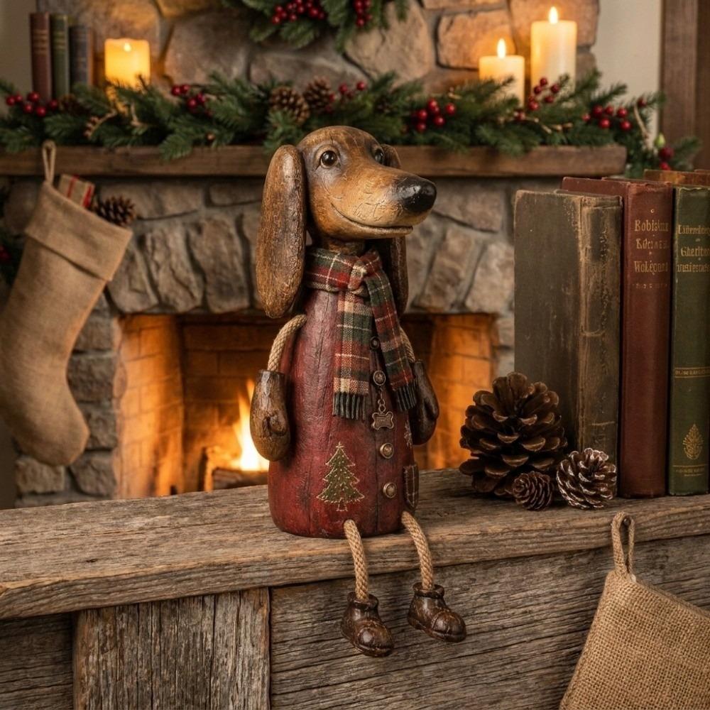 Rustic Farmhouse Dachshund Figurine Cartoon Christmas Dog Decoration Home Decor Ornament Home