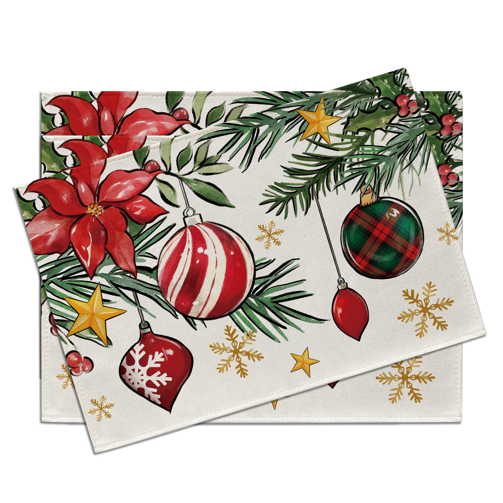 

Christmas Ball Poinsettia Placemats Set of 4, Xmas Pine Branches Holly Berries Dining Place Mats Table Decor 4Pcs-12 X18