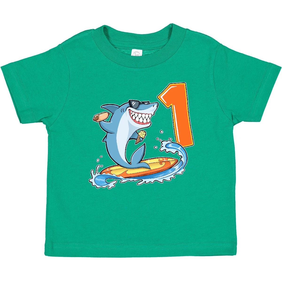 Inktastic First Birthday Surfing Shark With Hot Dog And Ice Cream Baby kids boys T-Shirt 1 110