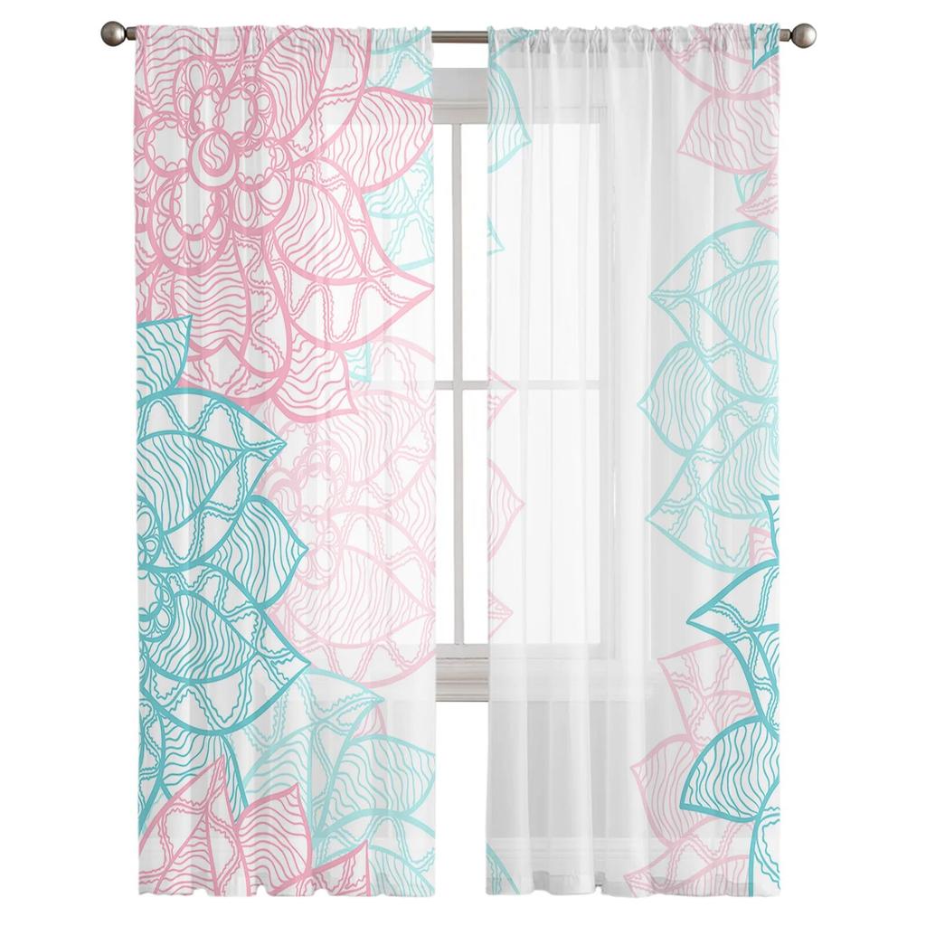 Mandala-Blumen-Linien-Textur, moderne Tüllvorhänge für Wohnzimmer, Schlafzimmer, Zuhause, Küche, Fenster, transparente Vorhänge