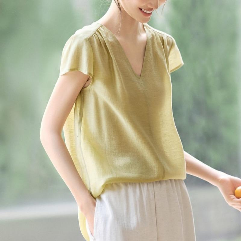 Womens V Neck Short Sleeve Solid Color Blouse