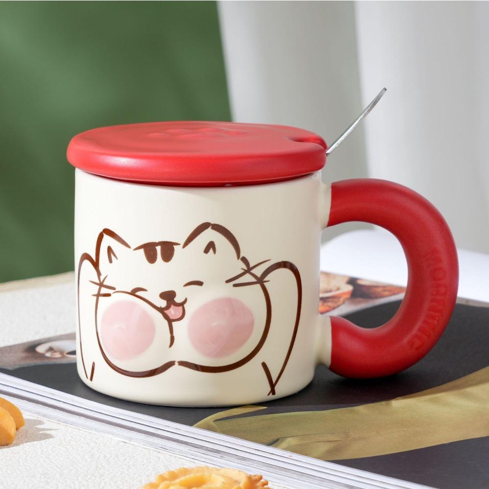 Cute Animal Milk Fufu Ceramic Cup Cartoon Mug with Lid Spoon for Girls Water Cup Household Coffee Cup Milk Cup