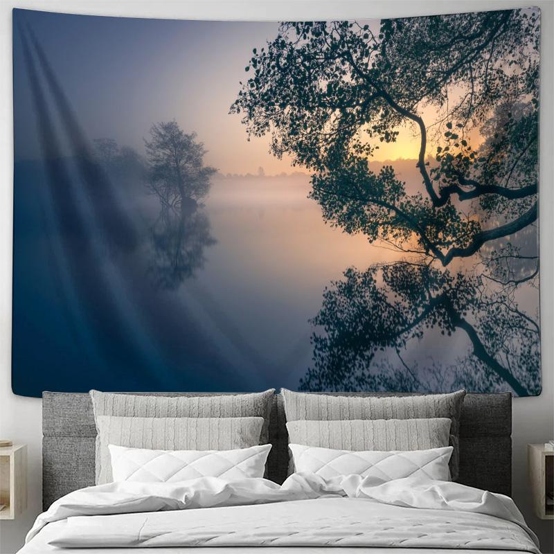 

Morning Mist and Lakeside Shadows Hanging Cloth Romantic Natural Landscape Decorative Fabric Tapestry 74x94cm(29x37in)