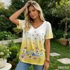 Funny Flower Print T Shirt For Women Fashion V-neck Short Sleeve Tees Casual
