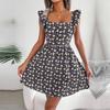 Damska wiosna lato kwadratowy kołnierz bez rękawów bez ramiączek z wysokim stanem Daisy Print Casual Resort Dress S-XL