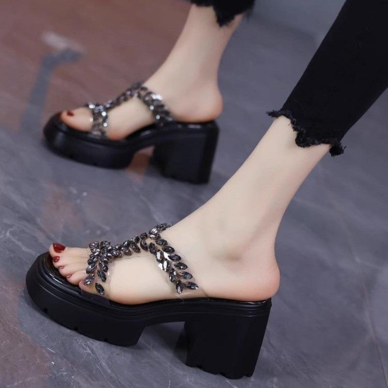 

Модная обувь женская 2025 лето новая женская платформа шлепанцы уличные хрустальные массивные каблуки сандалии для повседневной носки с открытым носком шлепанцы для платья 39 чёрный